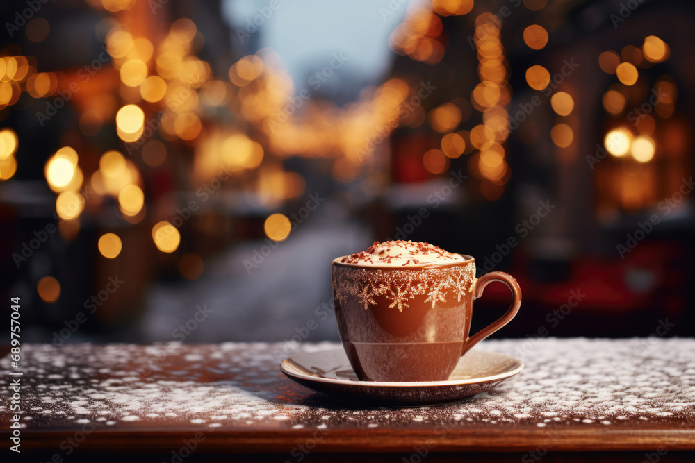 Coffee, cappuccino on wooden table against bokeh background Coffee, cappuccino on wooden table against bokeh background