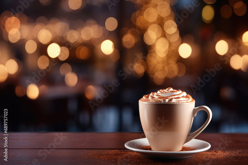 Coffee  cappuccino on wooden table against bokeh background