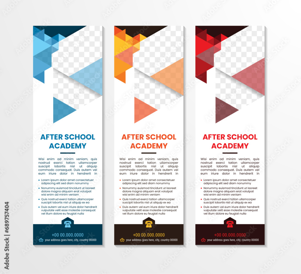 Set of three of after school academy  headline of vertical banners. learning program with triangle pattern element. space for photo collage and text. Vertical illustration for homepage design.