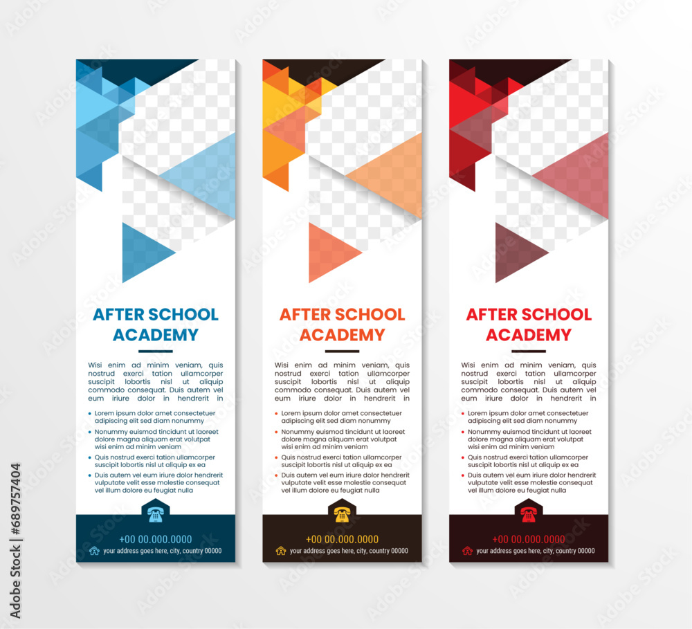 Set of three of after school academy headline of vertical banners. learning program with triangle pattern element. space for photo collage and text. Vertical illustration for homepage design. Set of three of after school academy headline of vertical banners. learning program with triangle pattern element. space for photo collage and text. Vertical illustration for homepage design.
