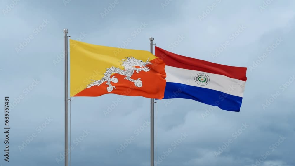 Paraguay flag and Bhutan flag waving together on cloudy sky, endless seamless loop, two country relations concept Paraguay flag and Bhutan flag waving together on cloudy sky, endless seamless loop, two country relations concept