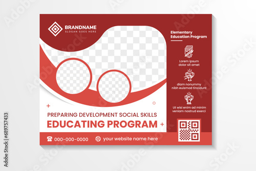 Flyer template design with example headline is educationg program. space of photo collage. Advertising banner with horizontal layout. multicolor red element in white background. infographic icon