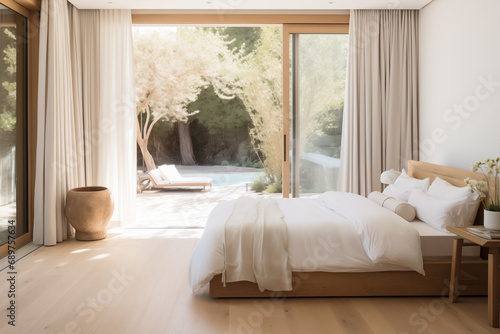 A bright bedroom with a wooden bed, white bedding made of natural fabrics, large sliding glass doors with a view of the garden with pool, ivory curtains, and a wooden floor.