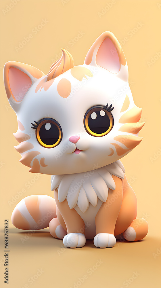 ute pink 3D cartoon kitty in a doll style, sitting pose. Generated by AI