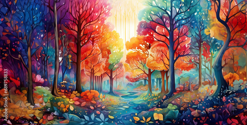 a watercolor painting of an autumn forest with color, watercolor background with flowers, abstract watercolor background
