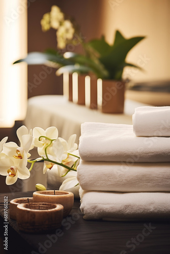 Spa, beauty treatment and wellness background with orchid flowers, towels and candles.