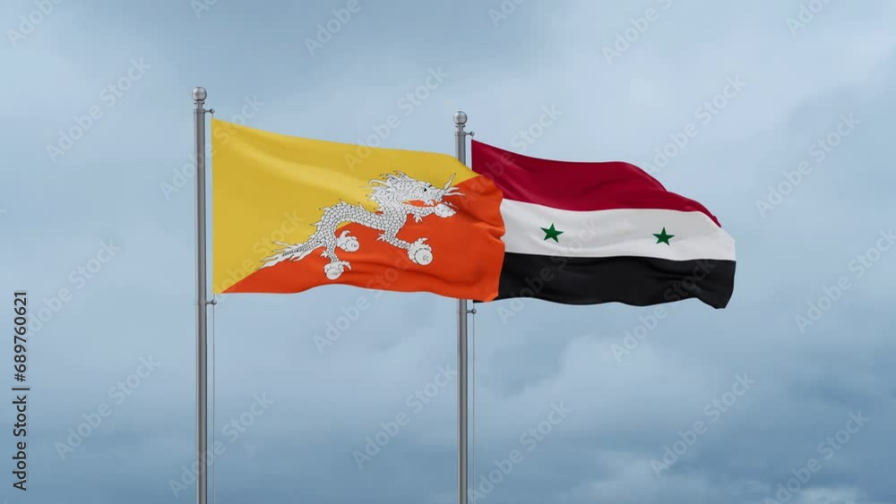Syrian Arab Republic, Syria and Bhutan flag waving together on cloudy sky, endless seamless loop, two country cooperation concept Syrian Arab Republic, Syria and Bhutan flag waving together on cloudy sky, endless seamless loop, two country cooperation concept