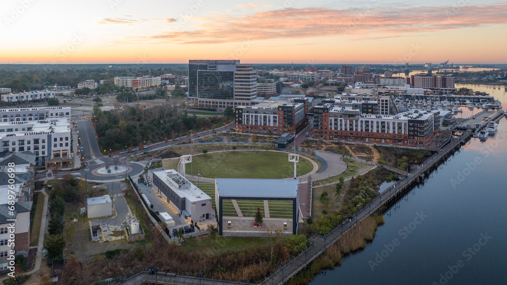 Aerial view of the Riverfront Park in Wilmington, North Carolina during sunrise.
