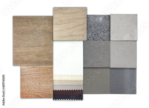 Fototapeta Naklejka Na Ścianę i Meble -  group of interior material samples including blackout drapery fabric catalog, multi color and texture of wooden and stone ceramic tiles, terrazzo marbles isolated on background with clipping path.