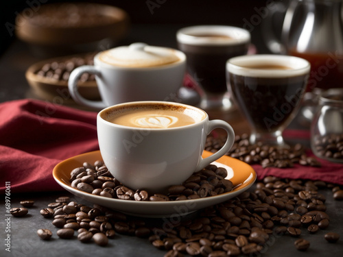 Steaming cup of freshly brewed coffee with roasted coffee beans, aromatic coffee served in a cup with whole coffee beans