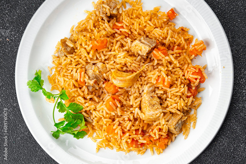 rice pilaf meat tasty fresh pork meat eating cooking appetizer meal food snack on the table copy space food background rustic top view