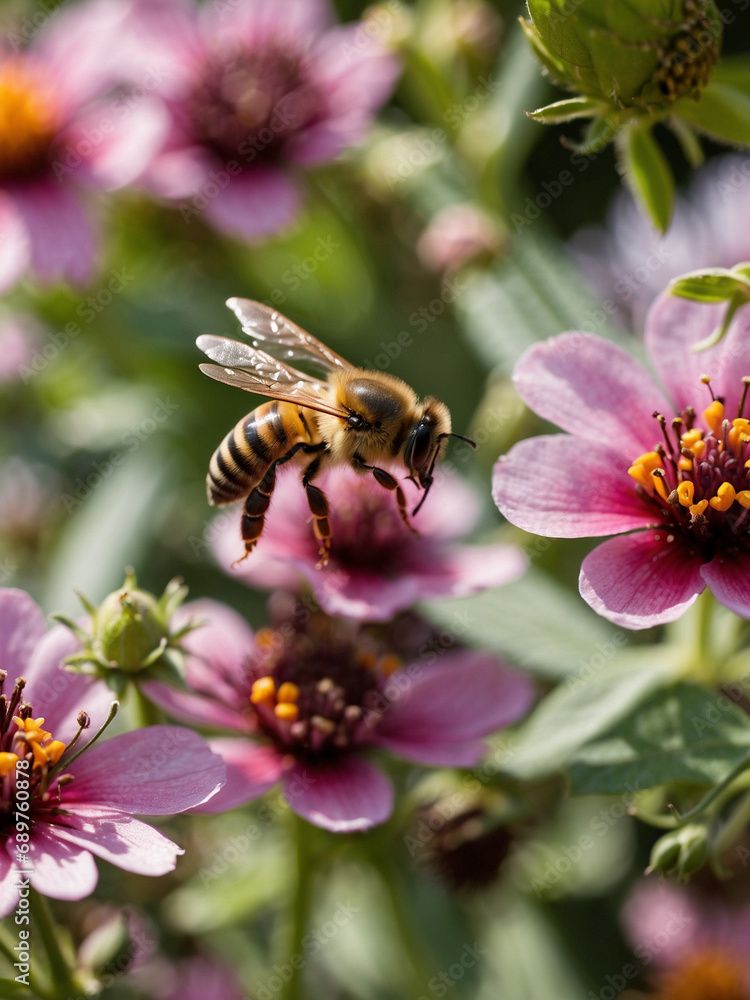 Bee gathering nectar from a vibrant flower, pollinating insect on blooming flower, honeybee collecting pollen from a colorful blossom Bee gathering nectar from a vibrant flower, pollinating insect on blooming flower, honeybee collecting pollen from a colorful blossom