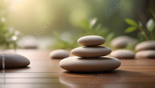 Stack of spa stones on wooden table  blurred background. Zen concept. Generative AI