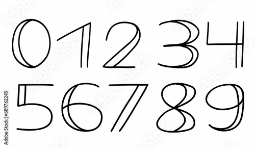 Wide capital black digits numbers font from 0 to 9 font set. Vector illustration in doodle hand drawn style isolated on white background. For logo, business, discount.