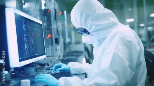 Scientist in protective gear researching on computer in a high-tech lab