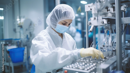 Pharmaceutical worker in sterile gear meticulously operating machinery in a lab