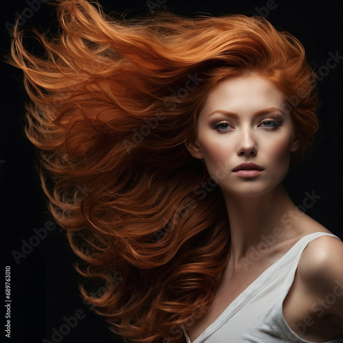 Beautiful redhead woman with long open hair over black background. Hair salon, shampoo, beauty concepts.
