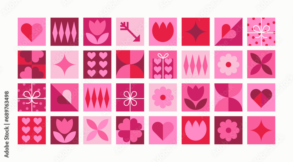 Geometric mosaic Valentine's day pattern. Love and hearts. Romantic modern abstract vector background. Trendy design for banner, card, cover, poster, advertising, wallpaper, packaging. Geometric mosaic Valentine's day pattern. Love and hearts. Romantic modern abstract vector background. Trendy design for banner, card, cover, poster, advertising, wallpaper, packaging.