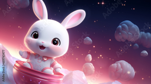 Cute 3d happy bunny with colorful eggs on blue sky and green meadow grass with daisy and mountains background. Adorable rabbit for easter spring holiday design digital art reder