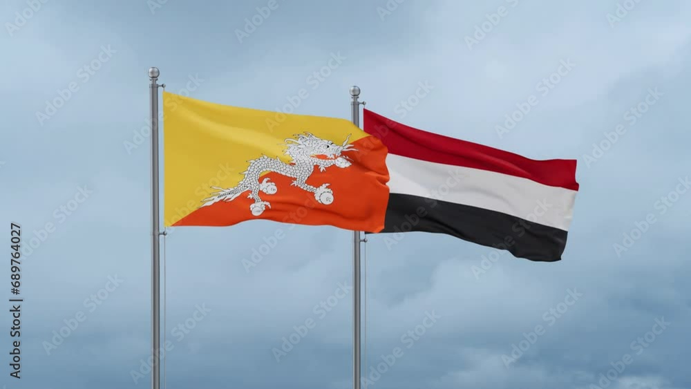 Yemen and Bhutan flag waving together on cloudy sky, endless seamless loop, two country cooperation concept Yemen and Bhutan flag waving together on cloudy sky, endless seamless loop, two country cooperation concept