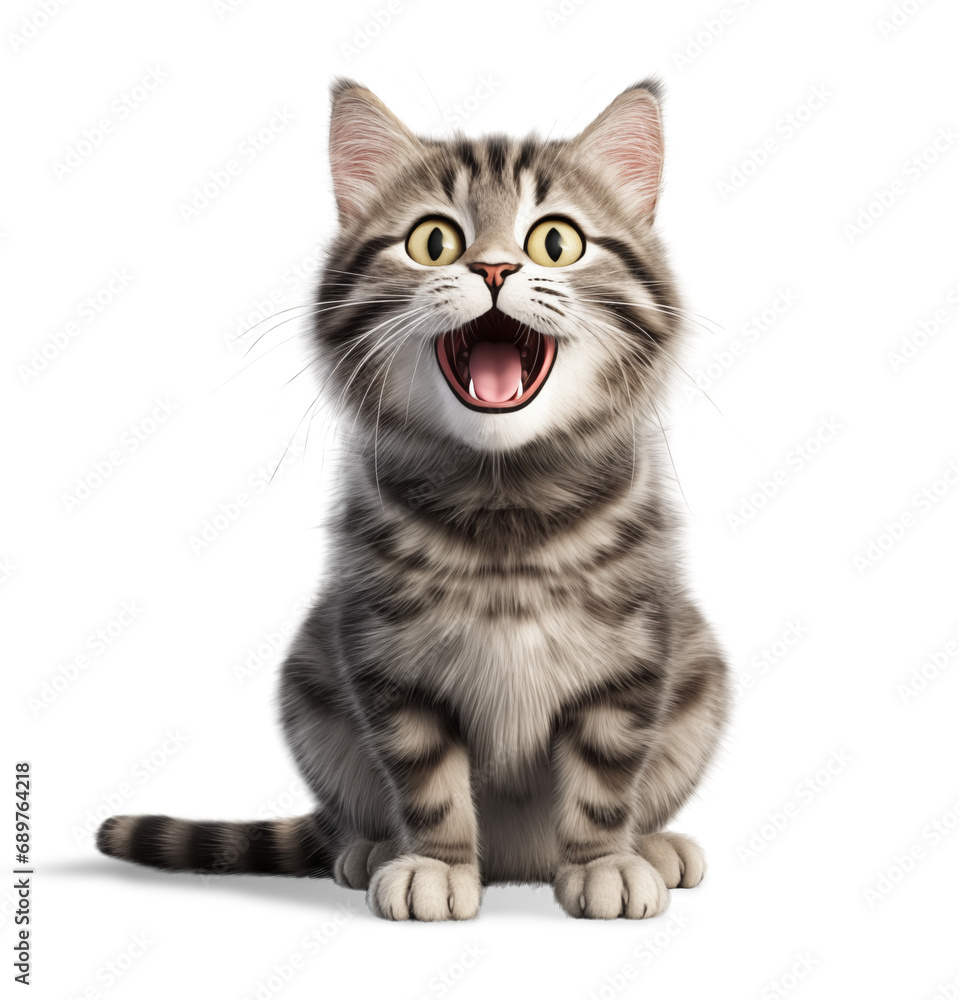 Cute cat with shocked face, isolated on white background, funny pets concept, realistic illustration, generative ai
