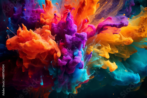 Beautiful powder explosion in all directions with vivid colors and black background. Paint holi, Colorful rainbow holi paint splash. Generation Ai