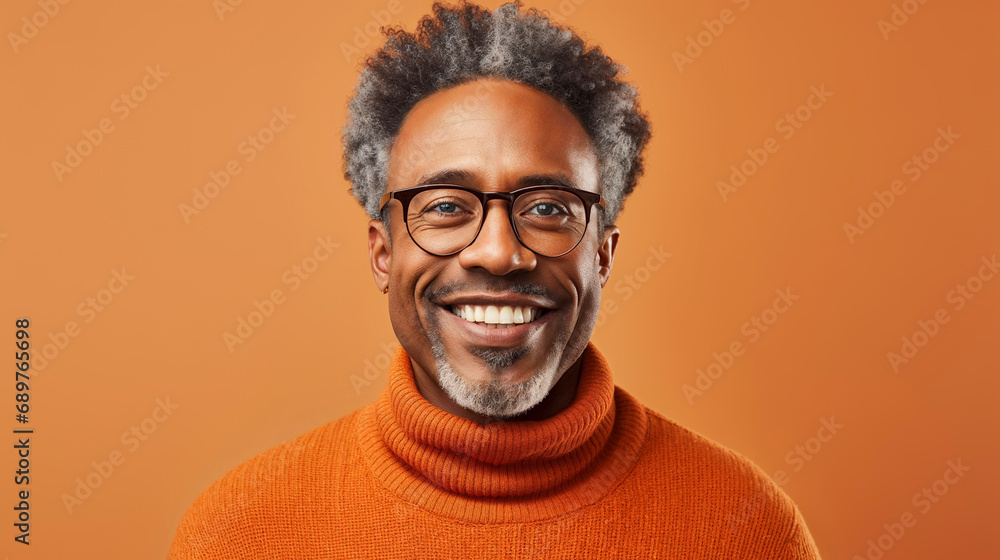 Warm portrait of a smiling middle-aged man with gray hair wearing glasses and a turtleneck sweater on an orange background. Warm portrait of a smiling middle-aged man with gray hair wearing glasses and a turtleneck sweater on an orange background.