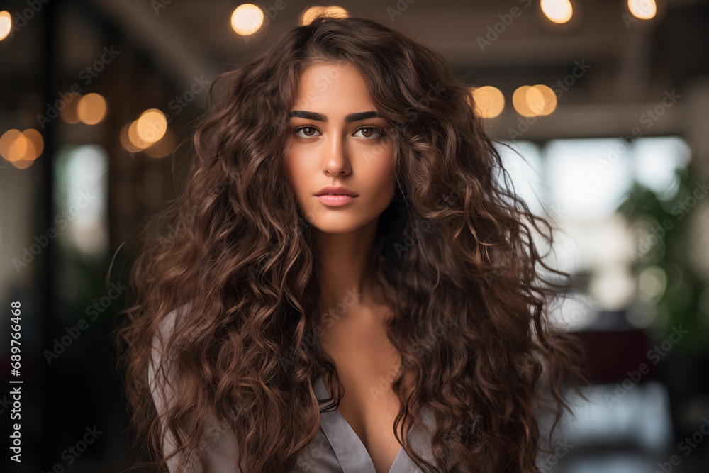 Portrait of a beautiful girl with brown long hair and beautiful hairstyle. Fashion and beauty. AI generative. Portrait of a beautiful girl with brown long hair and beautiful hairstyle. Fashion and beauty. AI generative.