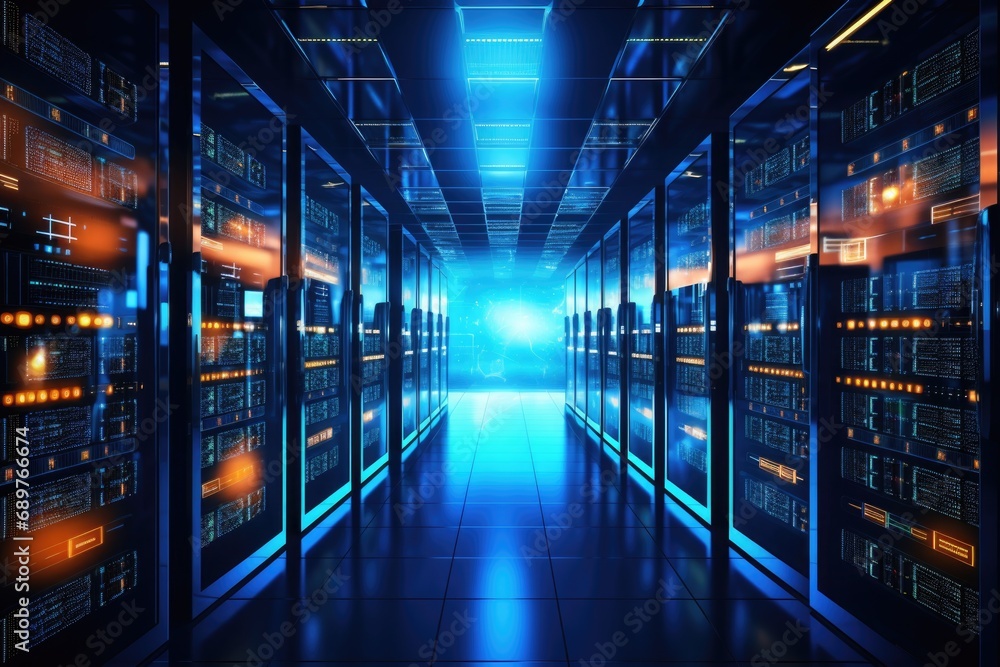 Fototapeta premium A busy server room filled with multiple rows of servers. Ideal for technology-related projects and concepts
