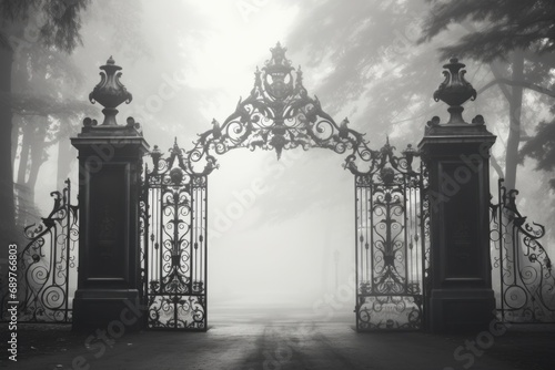 A captivating black and white photo of a gate enveloped in thick fog. Perfect for creating a mysterious and atmospheric ambiance.