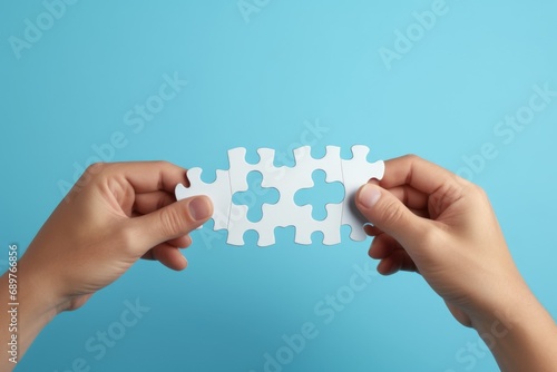 Two hands holding a piece of a white puzzle. Suitable for concepts related to teamwork, problem-solving, collaboration, and completing a puzzle.