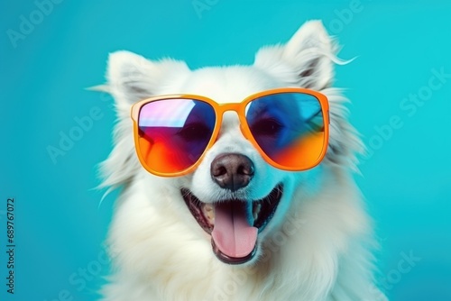 A white dog with sunglasses poses on a vibrant blue background. Perfect for pet accessories advertisements or summer-themed designs