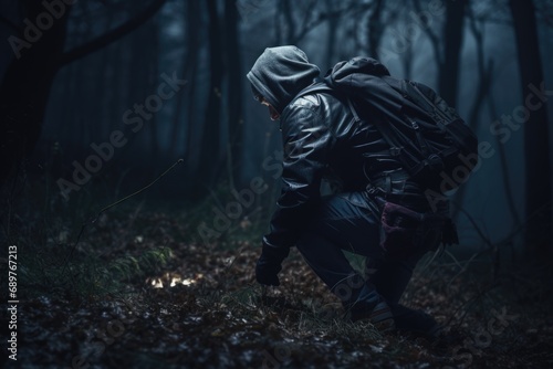 A man with a backpack crouching down in the woods. Perfect for outdoor adventure or hiking concepts © Fotograf
