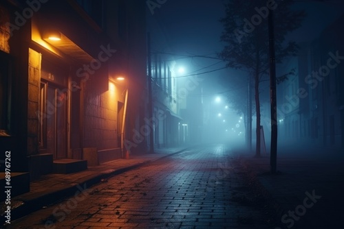 A city street illuminated by the glow of streetlights, covered in a thick layer of fog. Perfect for creating a mysterious and atmospheric setting