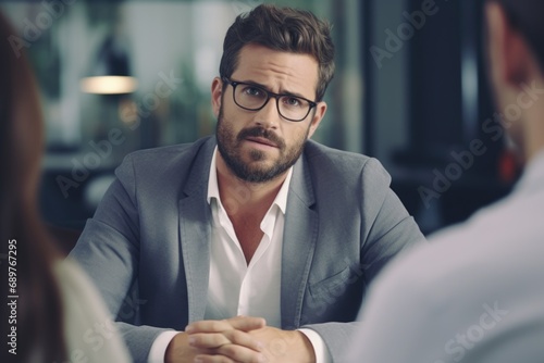 A man in a suit and glasses sitting at a table, working on a project. Suitable for business and office-related concepts