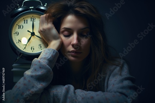 Woman holding her head in front of a clock. Suitable for illustrating stress, time management, and deadlines