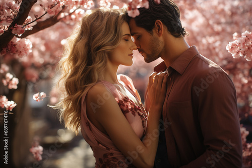 romantic couple of young people kissing on an alley of flowering trees in spring