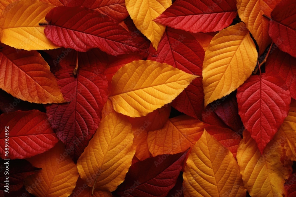 A close up view of a bunch of red and yellow leaves. Perfect for autumn-themed designs and nature-related projects