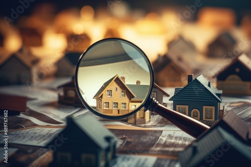 A close-up view of a house seen through a magnifying glass. This image can be used to depict concepts related to home inspection, real estate, or finding a new home © Fotograf