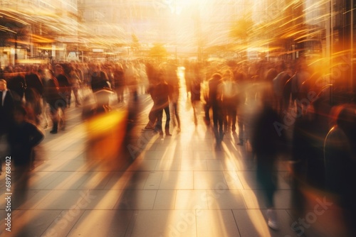 A blurry image capturing a crowd of people walking down a street. This versatile image can be used to depict urban life, city hustle, busy streets, or a bustling crowd scene.