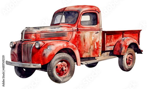 Watercolor illustration of a red farm pickup truck. Transparent background, png. Ai generated.