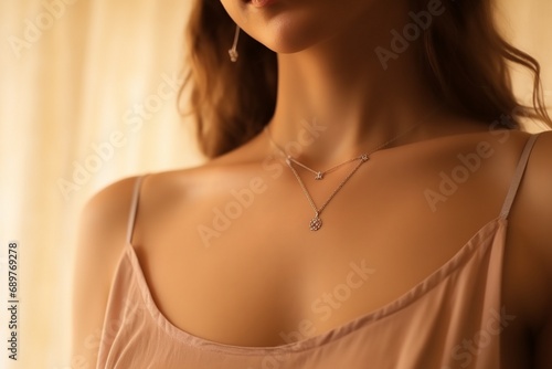 young woman wearing stylish jewelry on a beige background, woman jewelry, woman fashion, woman necklace closeup, jewelry concept