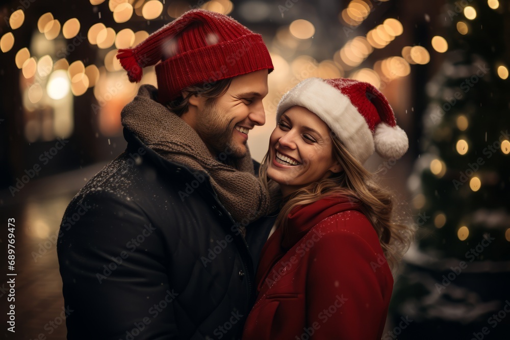 smiling couple in love, christmas time smiling couple in love, christmas time