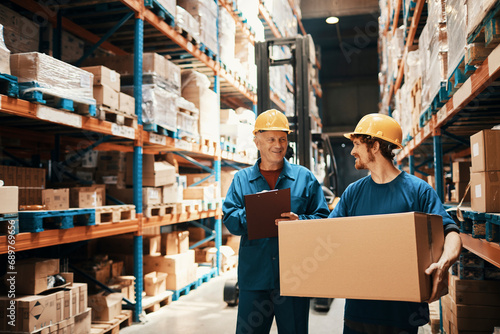 Senior and young warehouse workers with clipboard and package smiling photo
