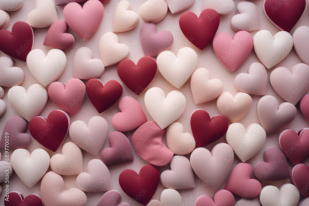 Pink, red, beige hearts background texture. Valentine's Day card.