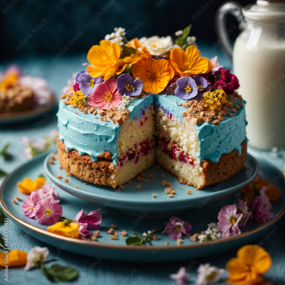 Cake adorned with roses and flowers, decorative cake embellished with roses and assorted blooms Cake adorned with roses and flowers, decorative cake embellished with roses and assorted blooms