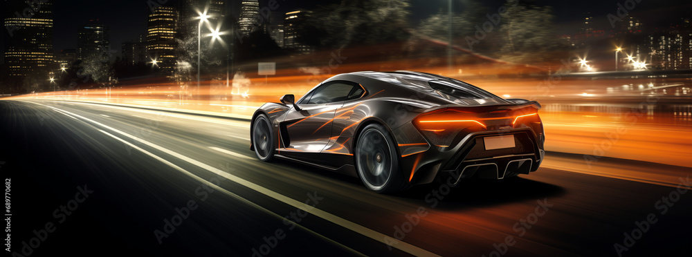 Φωτογραφία Sport car with motion blur on the road, Cyberpunk Fire Racing Car At High Speed On Street, car on street night city, back side view