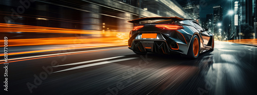 Sport car with motion blur on the road, Cyberpunk Fire Racing Car At High Speed On Street, car on street night city, back side view. car racing on track, leaving neon trail of lights from back