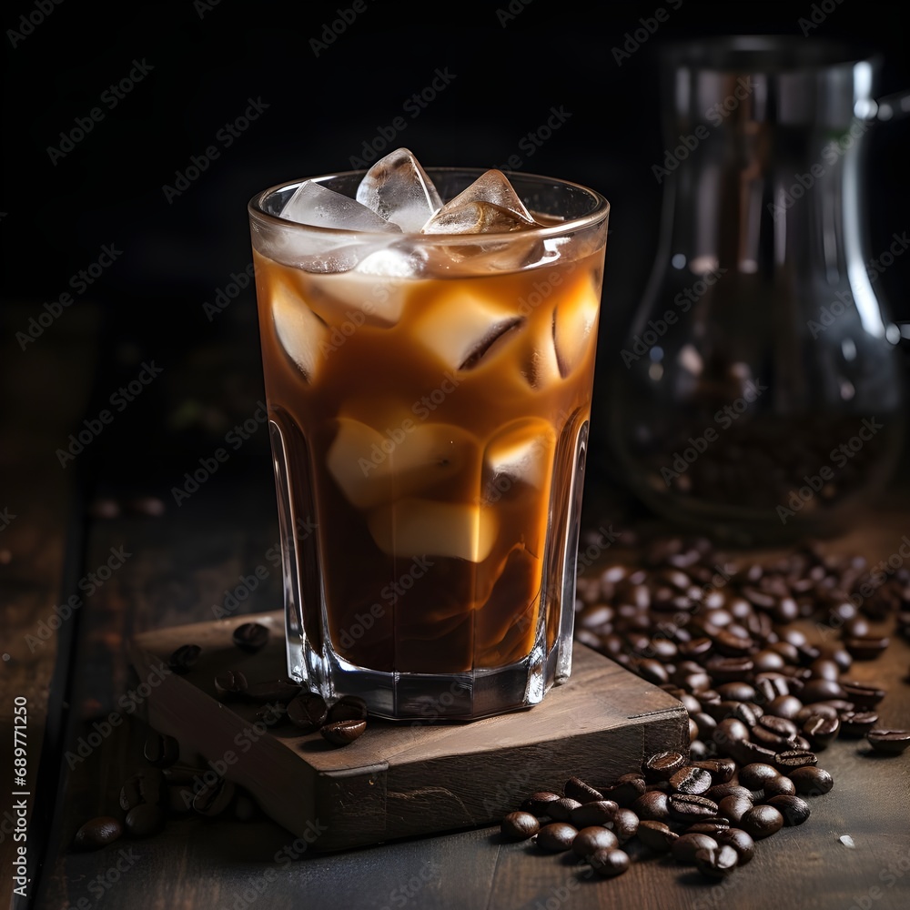 Cold drink with espresso and tonic in glass on black background. Cold espresso coffee tonic in a glass with ice on a wooden table. Cold drink with espresso and tonic in glass on black background. Cold espresso coffee tonic in a glass with ice on a wooden table.