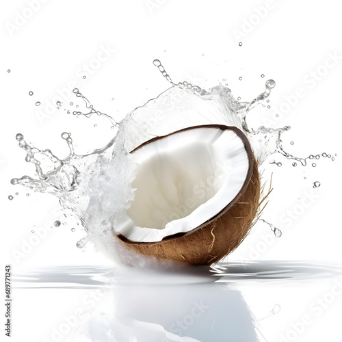 Water jet sprays coconut on transparent background. Fresh coconut milk splash with coconuts isolated. Vegetarian milk, smoothie, cream
